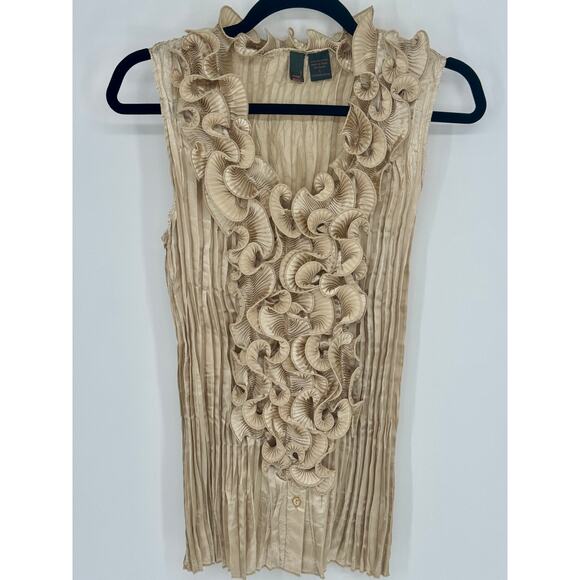 Serenade Tops - Serenade Women L Sleeveless Gold Ruffled Pleated Top Party Wear Dressy Classy